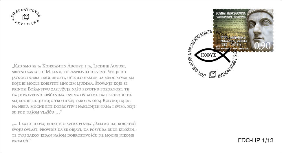 FDC - 1700. obljetnica Milanskog edikta